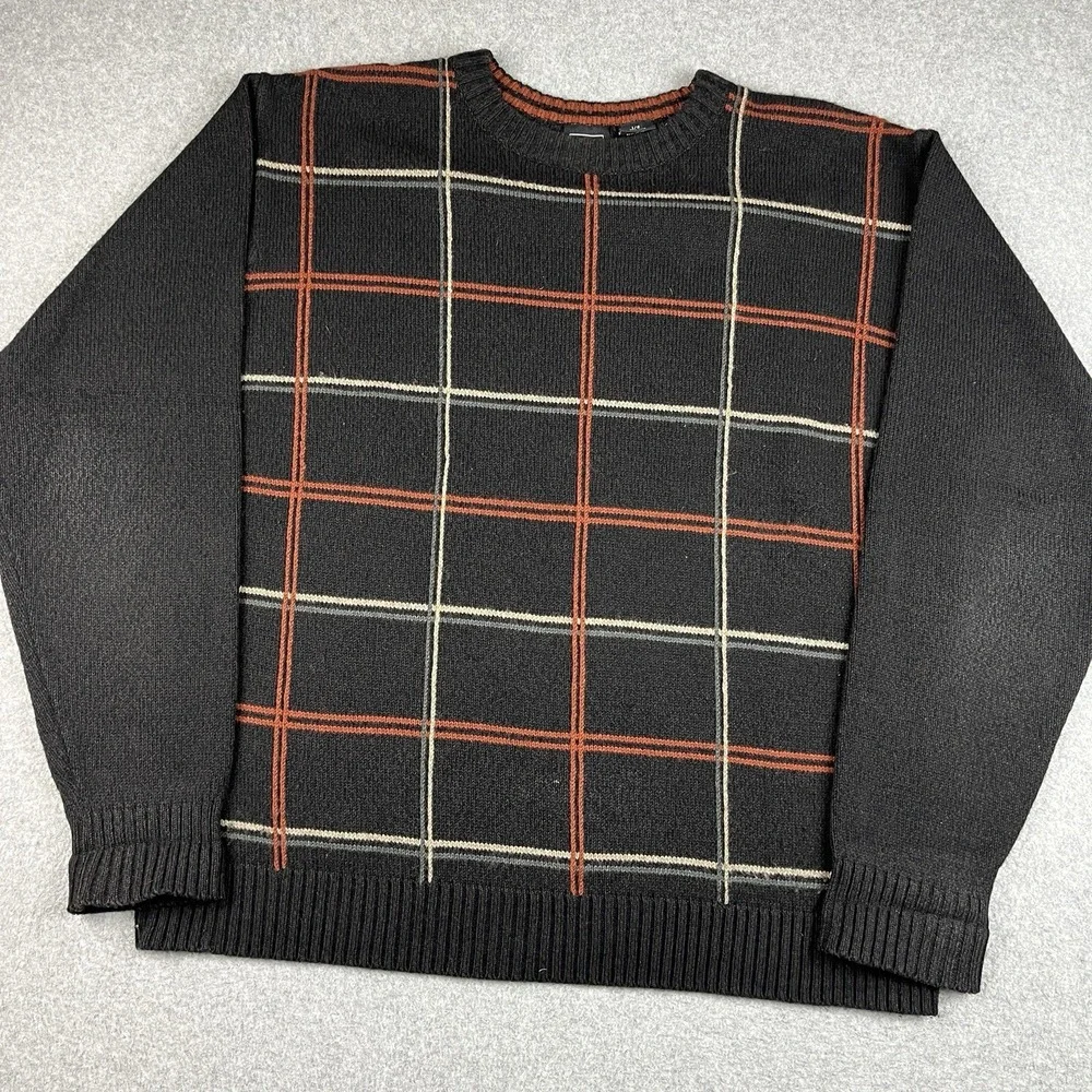 VTG Haggar Sweater Mens Large Brown Crewneck Earth Tone Check Pullover Striped